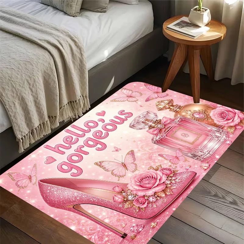 Pink Town Coffee Flower Doormat, Croissant Floral Street Scene Printed Floor Mat, Sweet Style Indoor Entryway Rug