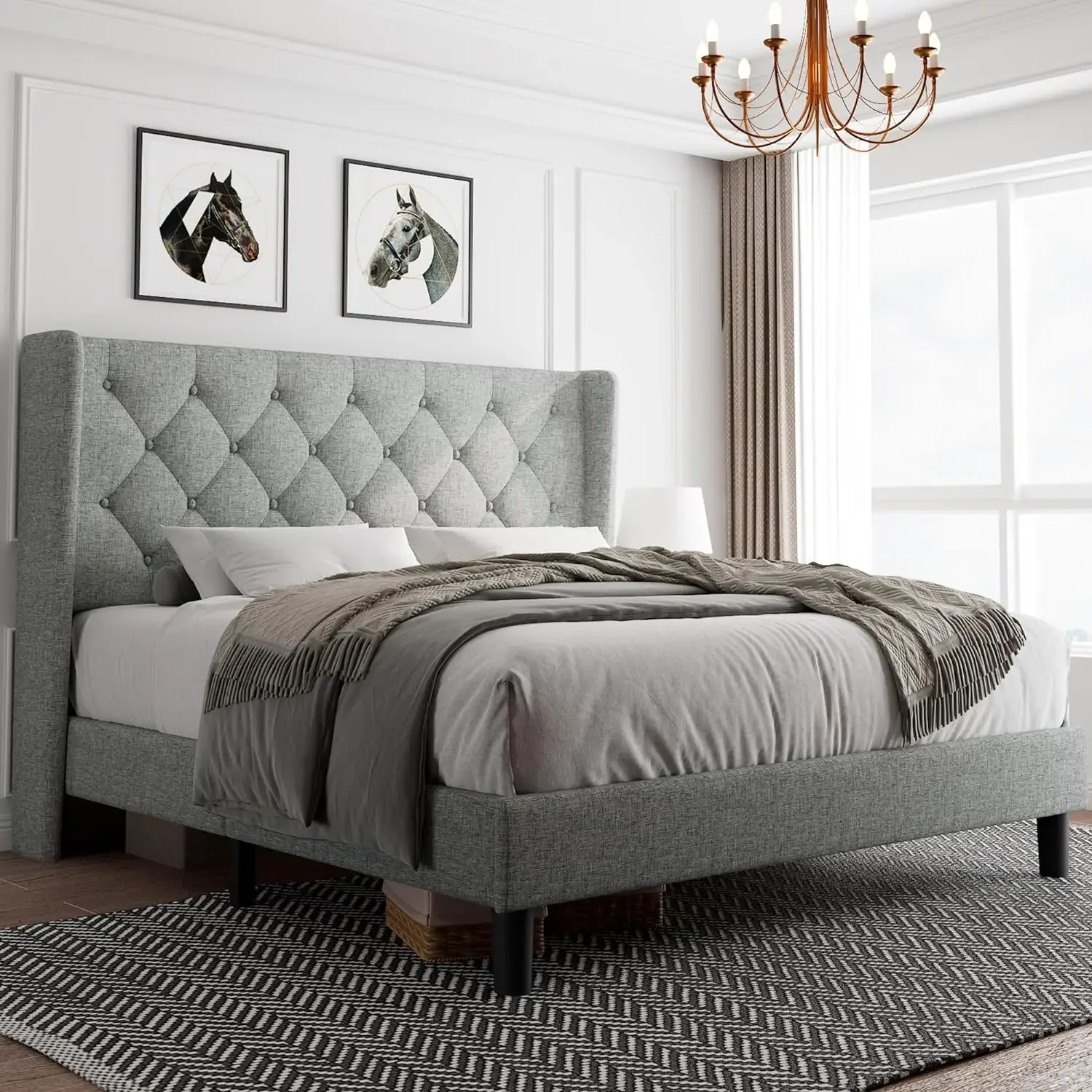 Full/Queen Bed Frame Upholstered Wingback Platform w/ Diamond Button Tufted Headboard,Under-Bed Storage,Sturdy Wooden Slats,Gray