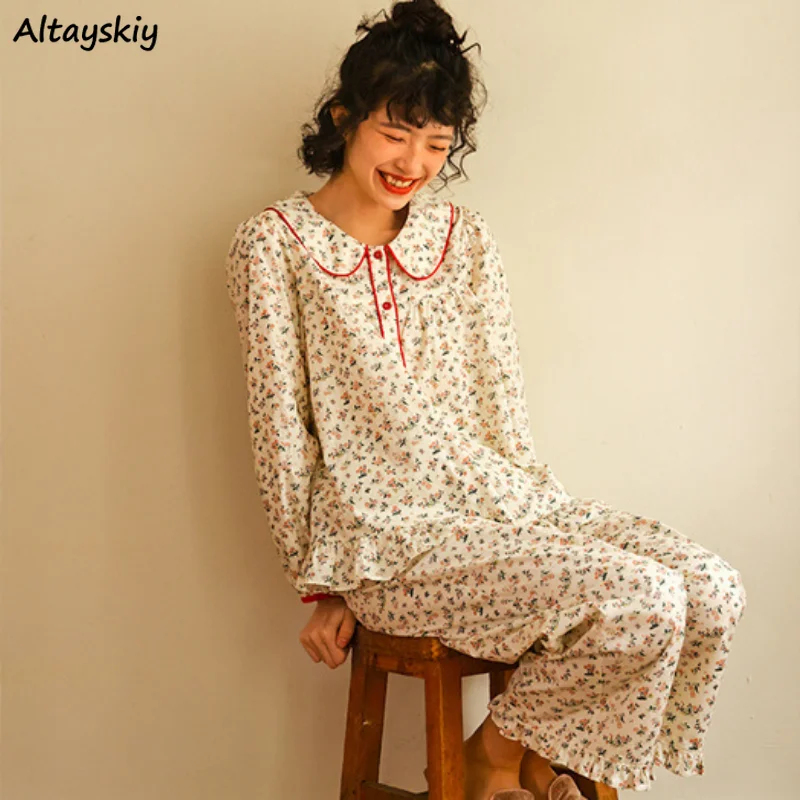 

Пижамные комплекты с цветочным принтом для женщин Kawaii Sweet Soft Повседневная домашняя одежда для сна Ночная женская одежда с круглым вырезом в стиле Ulzzang Повседневная простая горячая распродажа