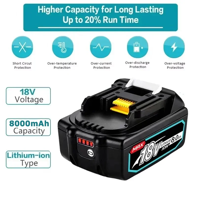 18V Rechargeable Power Tool Battery 8000mAh Lithium Ion For Makita 18v Battery BL1840 BL1850 BL1830 BL1860B LXT 400+Charger