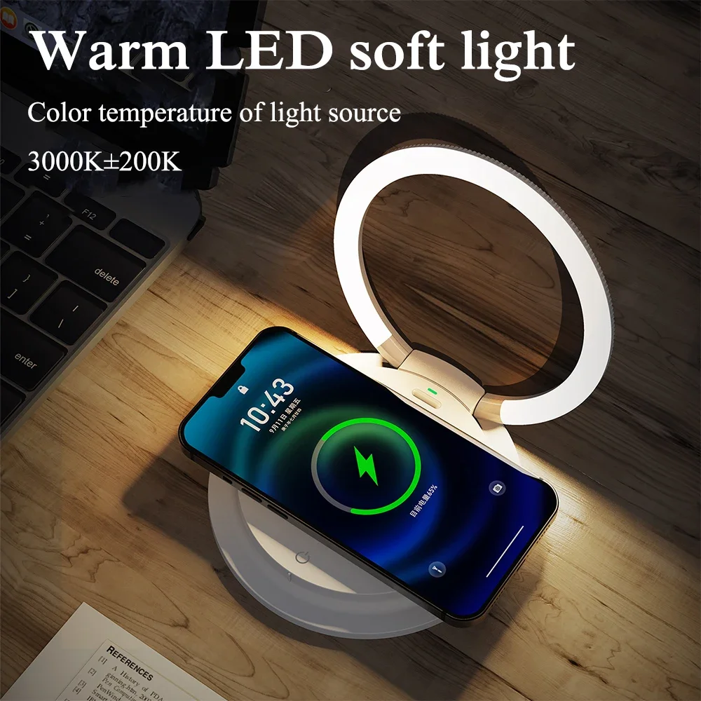 Carregamento sem fio LED Night Light, lâmpada de cabeceira dobrável, mesa luz, suporte do telefone portátil, holofote, 3 modos, 15W