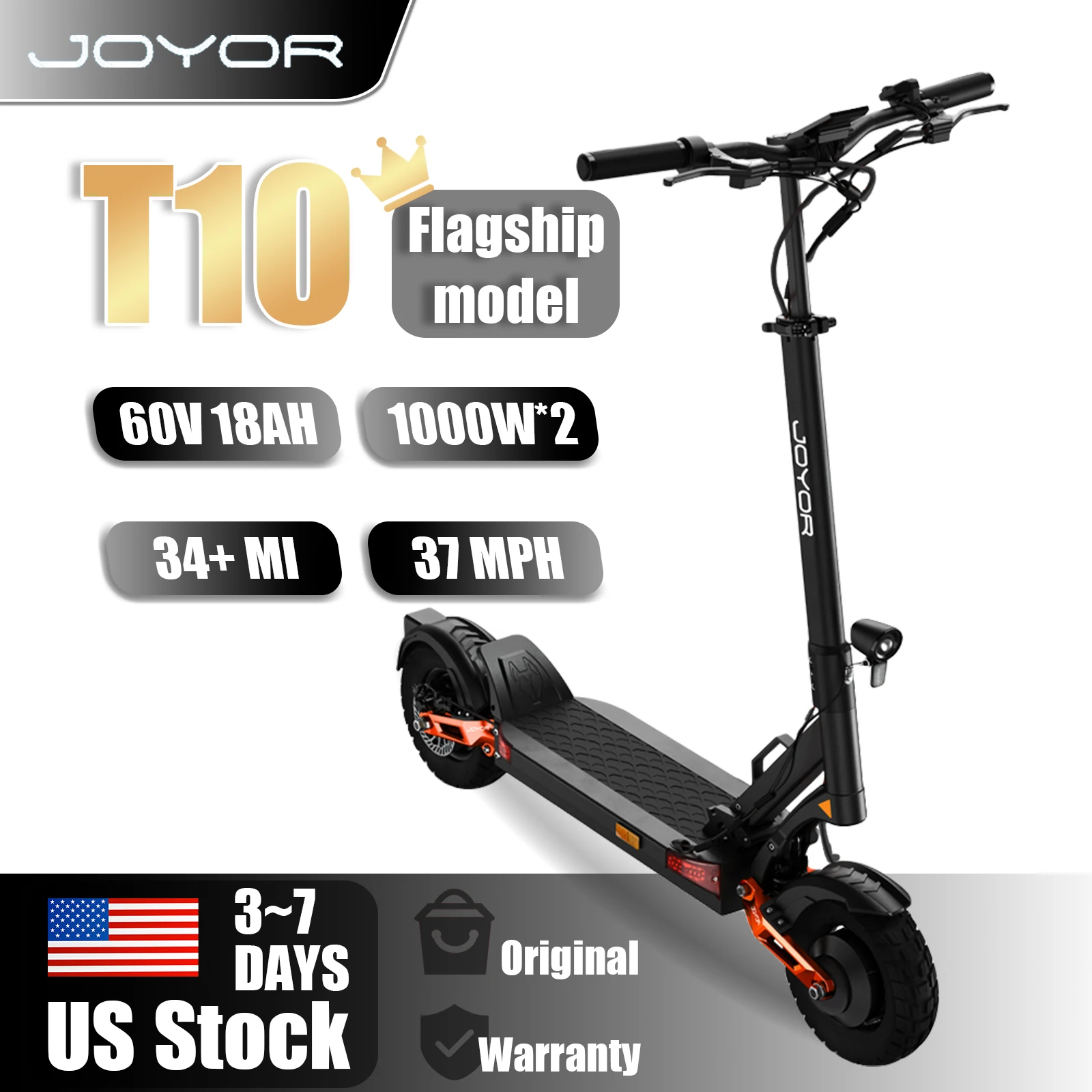 JOYOR T10 Flagship Electric Scooter 1000W Dual Motors 3600W Peak 37MPH 60V18Ah Battery 45 Miles Dual-Arm Suspension Dual Hydraulic Disc Brakes Anti-skid 10Inch OffRoad Tires High Speed Stability Aluminum Alloy Frame Foldable for Commuting and Off-roading
