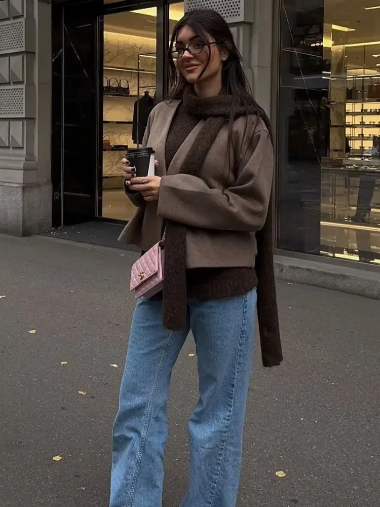 

HH Осенний элегантный кардиган из искусственной шерсти с мягким поясом, модный женский однотонный кардиган с v-образным вырезом и длинными рукавами 2025, тонкая короткая куртка, шикарная верхняя одежда