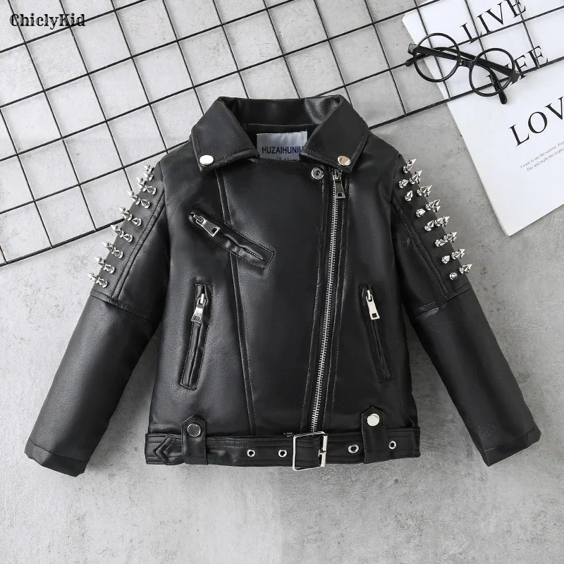 Boys Cool Rivet Zippers Leather Motorcycle Jacket Girls Fashion Locomotive PU Coat Children Outerwear Kids Spring Autumn Clothes