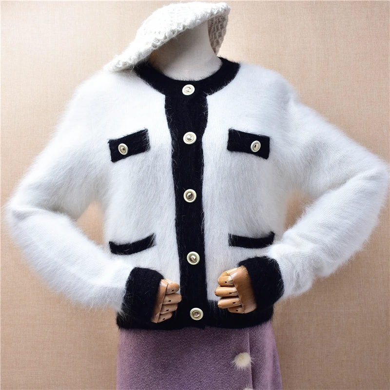 Women Mujer Autumn Winter White Colored Hairy Angora Rabbit Hair Knitted Long Sleeves Crop Top Slim Cardigans Mink Fur Sweater