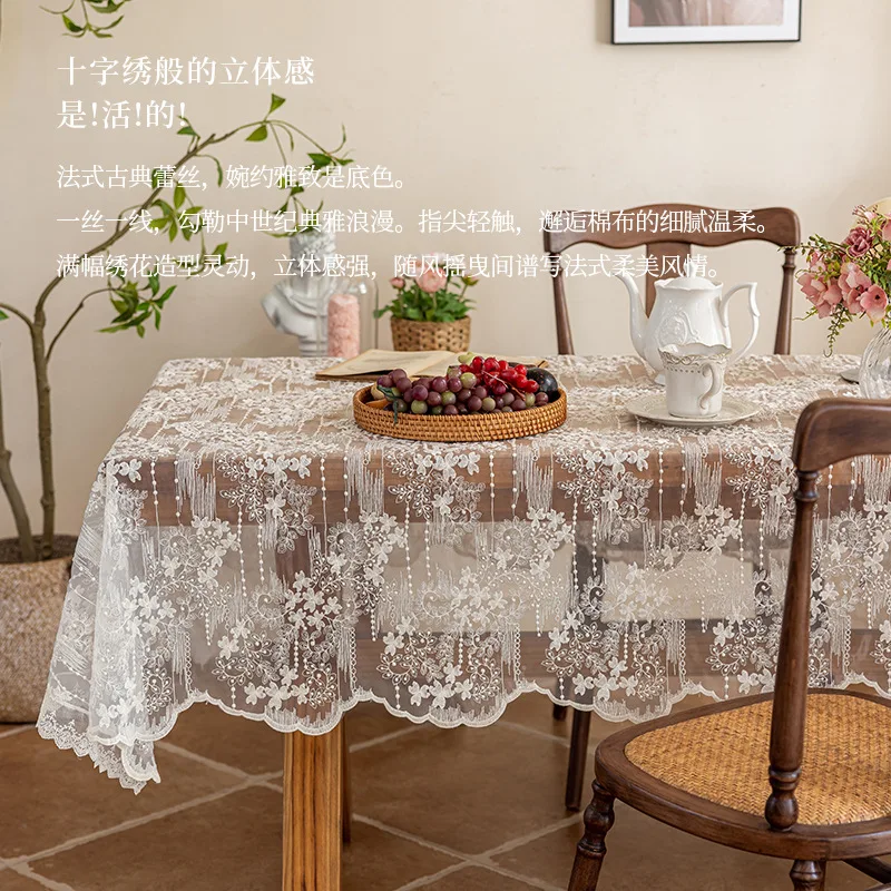 

French Embroidery Lace Tablecloth Rectangular Vintage Floral Lace Table Cover for Kitchen Dining Banquet Wedding Home Decor