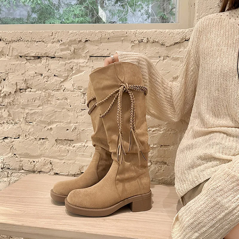 

Retro Women Shoes Fashion Style Horse Hoof Heel Boots Thick Heel Long Tube Look Slimmer Leather Boots Women Middle Tube Boots