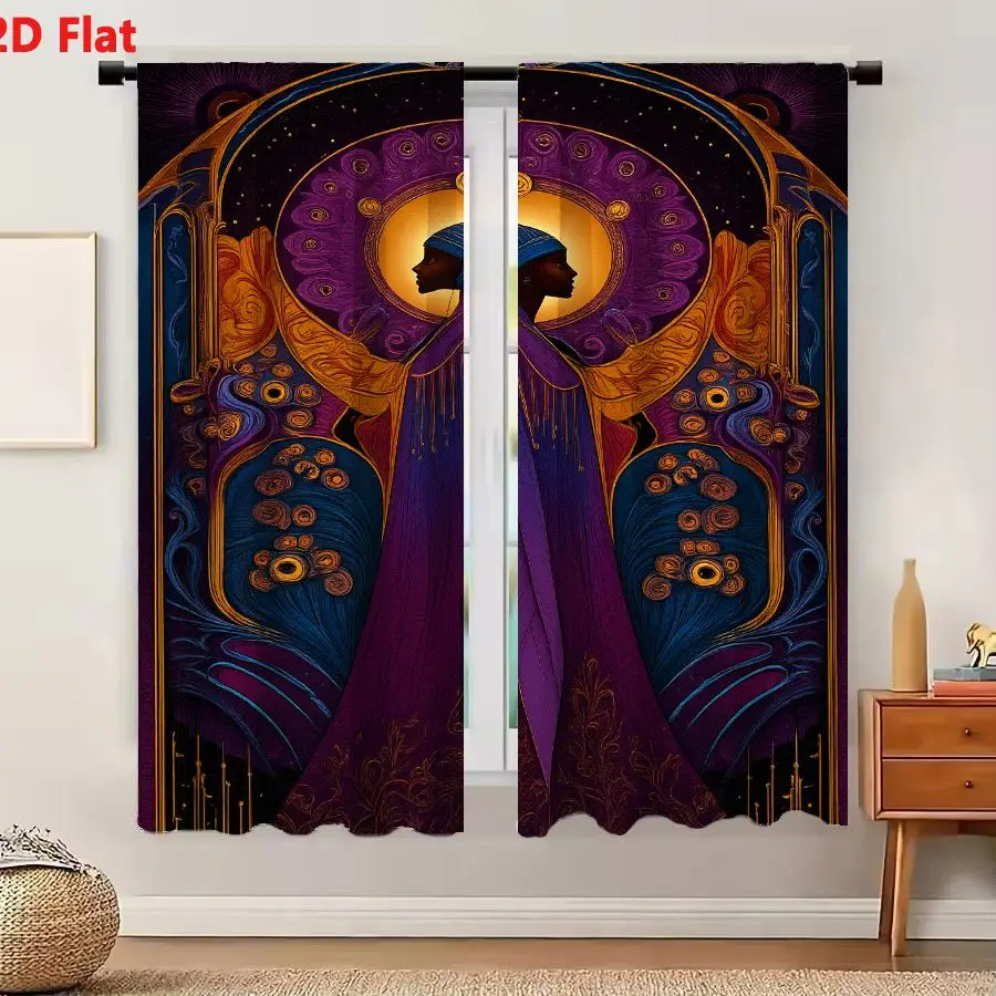 2Pcs Curtains 2D Flat Art Nouveau Silhouette Person With Turban Purple Robe Golden Wings Stained Glass Arch Mystical Night Sky W