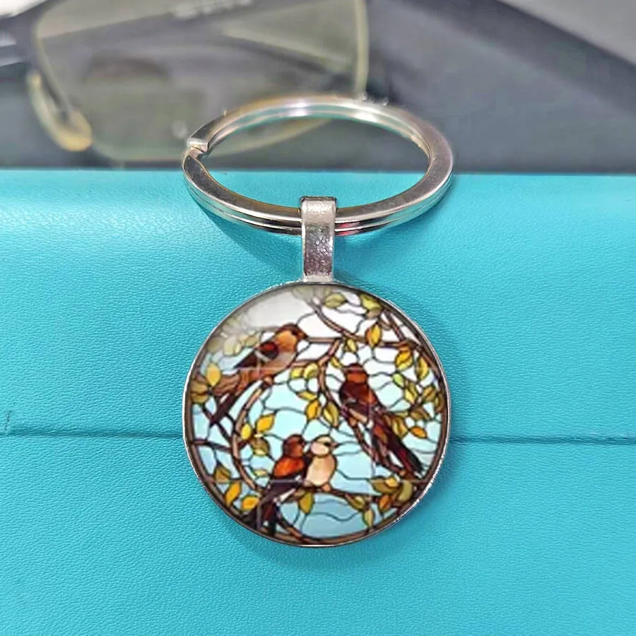 Stained Glass Tropical Wild Bird Glass Keychain Multicolor Avian Mosaic Nature Round Key Pendant Bag Accessory Gift
