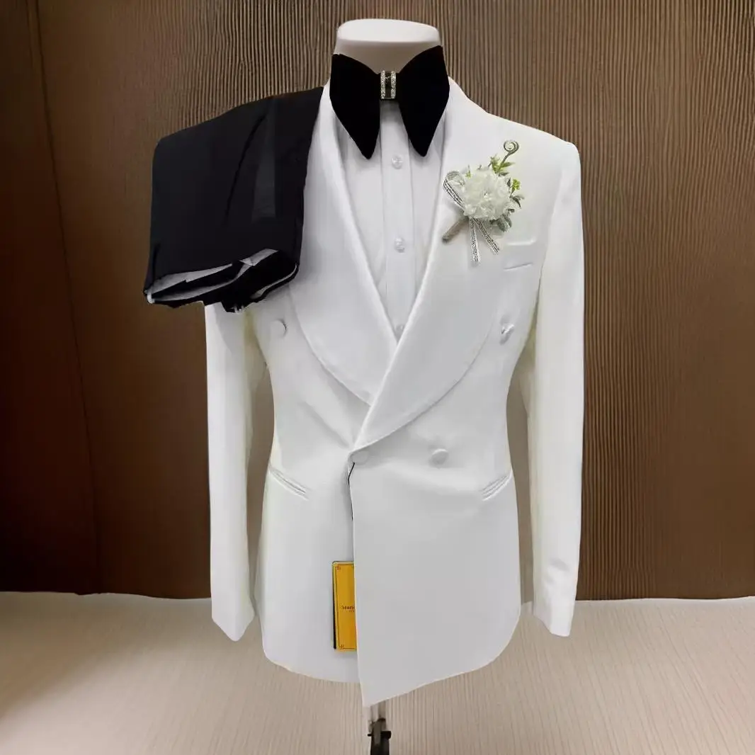 Double Breasted Wedding Men Suits for Groom Tuxedo 2 Pcs Shawl Lapel Slim Fit Male Suit Jacket with Pants In Stock