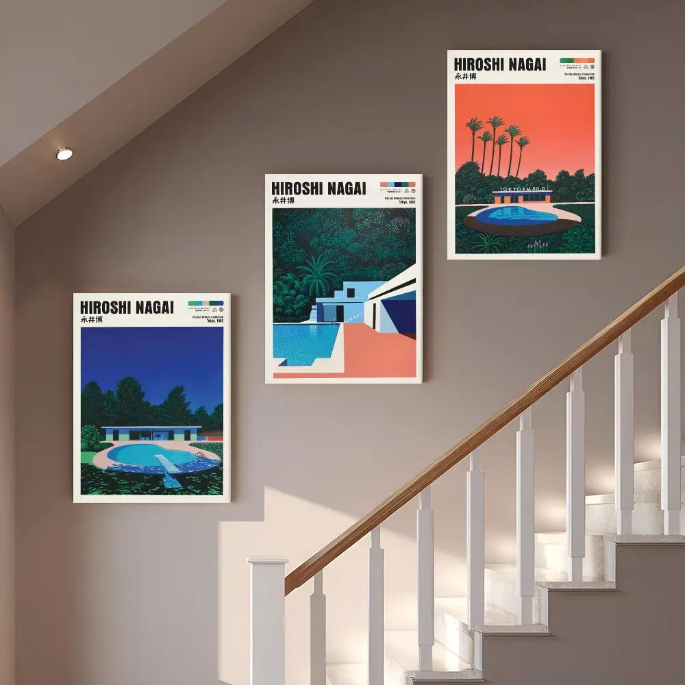 H-Hiroshi Nagai Tropical Geometric View Framed Wall Painting Vintage Framed Wall Art Poster Canvas Elegant Home Decor Painting