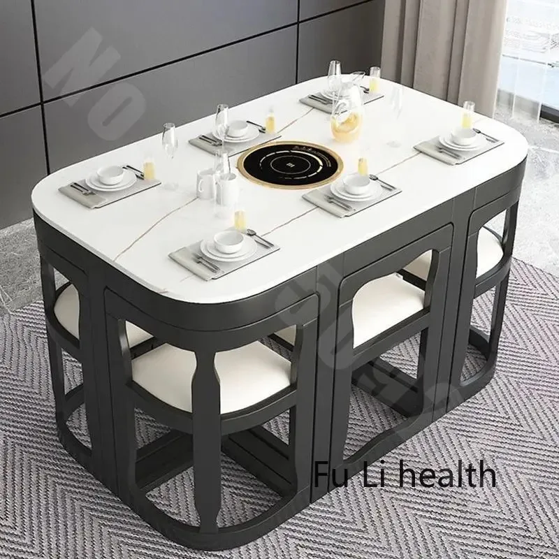 

Solid wood rock plate dining table Nordic family modern minimalist dining table invisible induction cooker marble table set