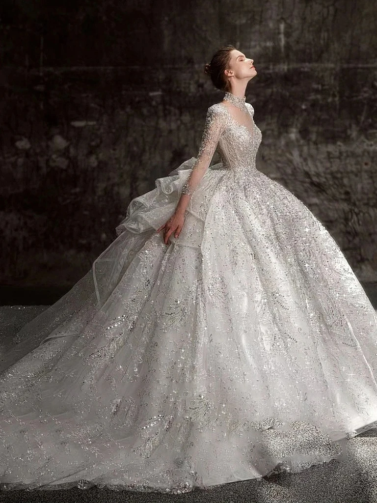 Vestidos de novia brillantes de manga larga con lentejuelas, Espalda descubierta, lazo con cuentas de cristal, tren francés, Serie de gama alta, novedad