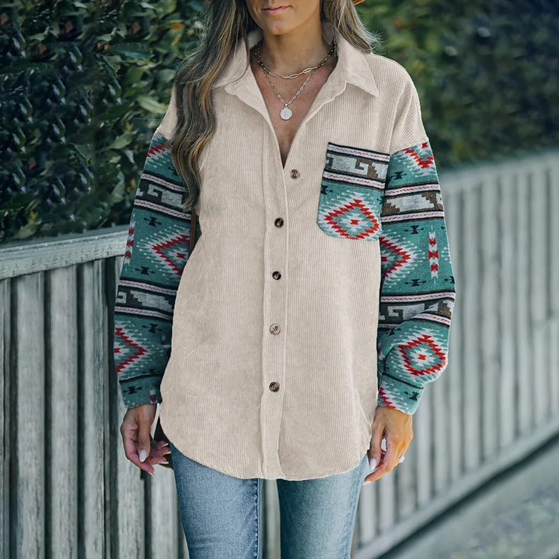 Autumn Casual Chic Shirt Jackets Outwear Fashion Streetwear Coats Ethnic Style Jacket Loose Corduroy Lapel Splicing Shirt Women