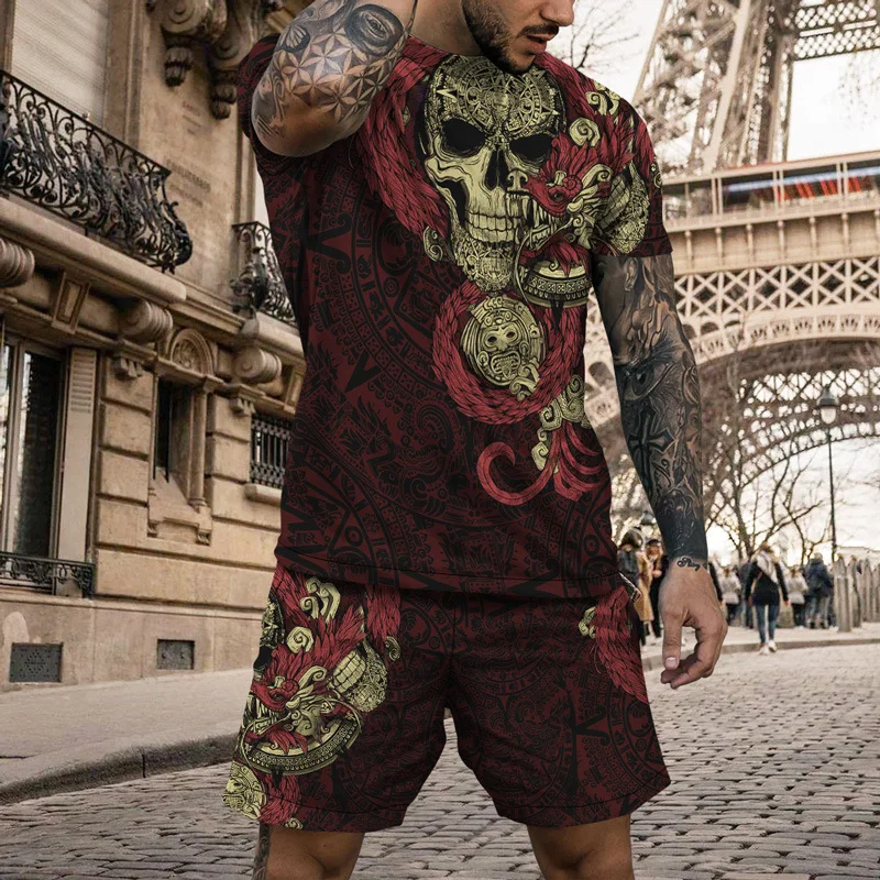 Leopard Print T-shirt New Summer Fashion Men\'s Streetwear Sports Short Sleeve T Shirt+Shorts 2 Pcs Sets Men Tracksuit jogging