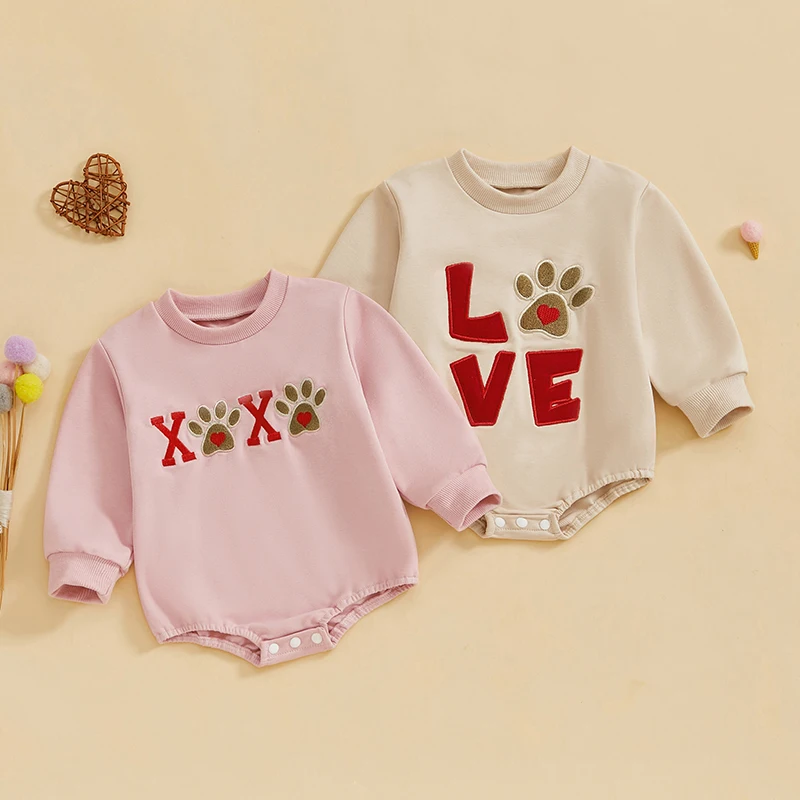 Baby Boys Girls Romper, Long Sleeve Crew Neck Embroidery Letters Paw Bodysuit Valentine's Day Clothes