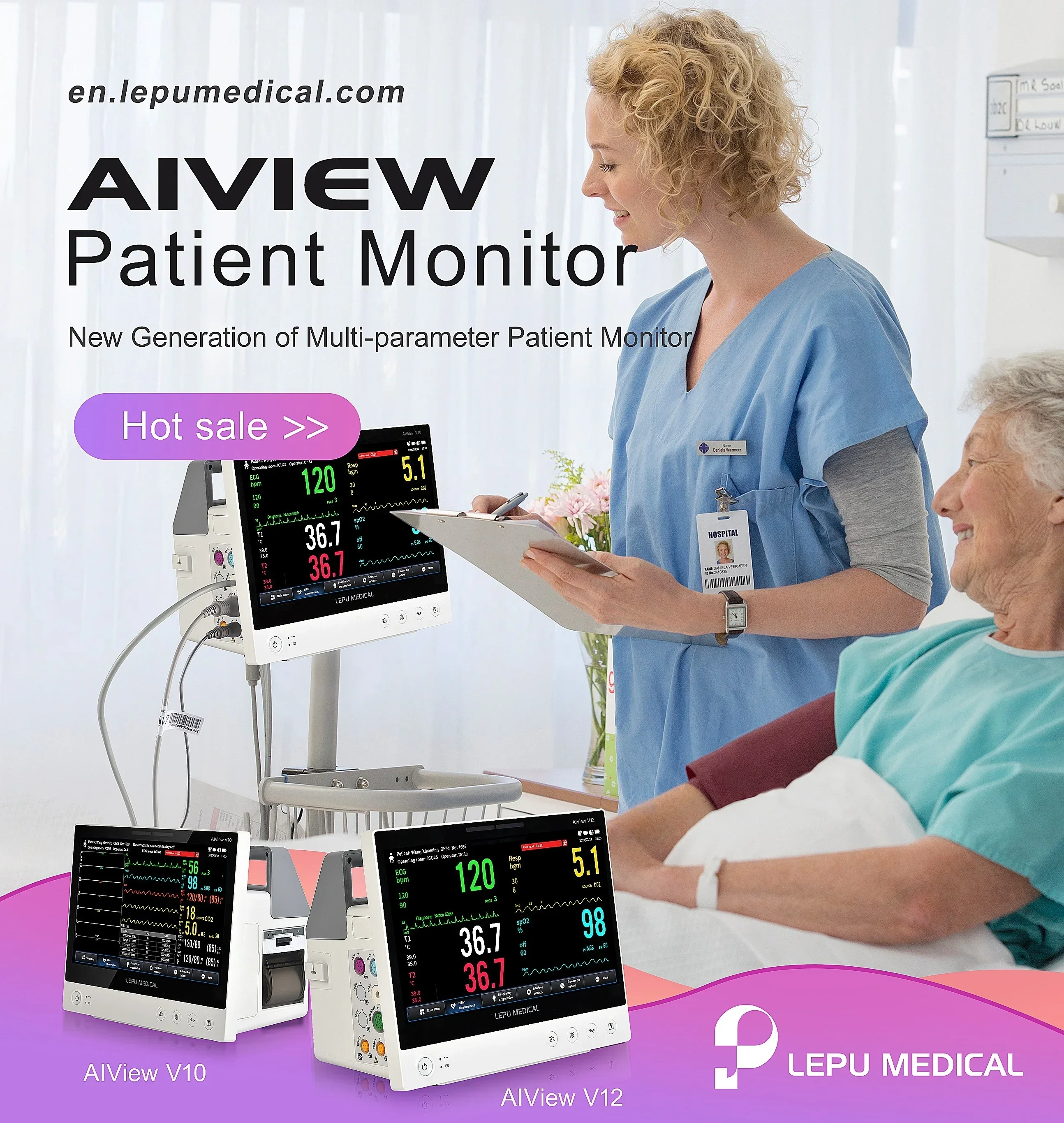 LEPU AI Telemedicine Remote Monitoring Device Price Telehealth Medical Multi Parameter ICU Cardiac Patient Monitor With Trolley