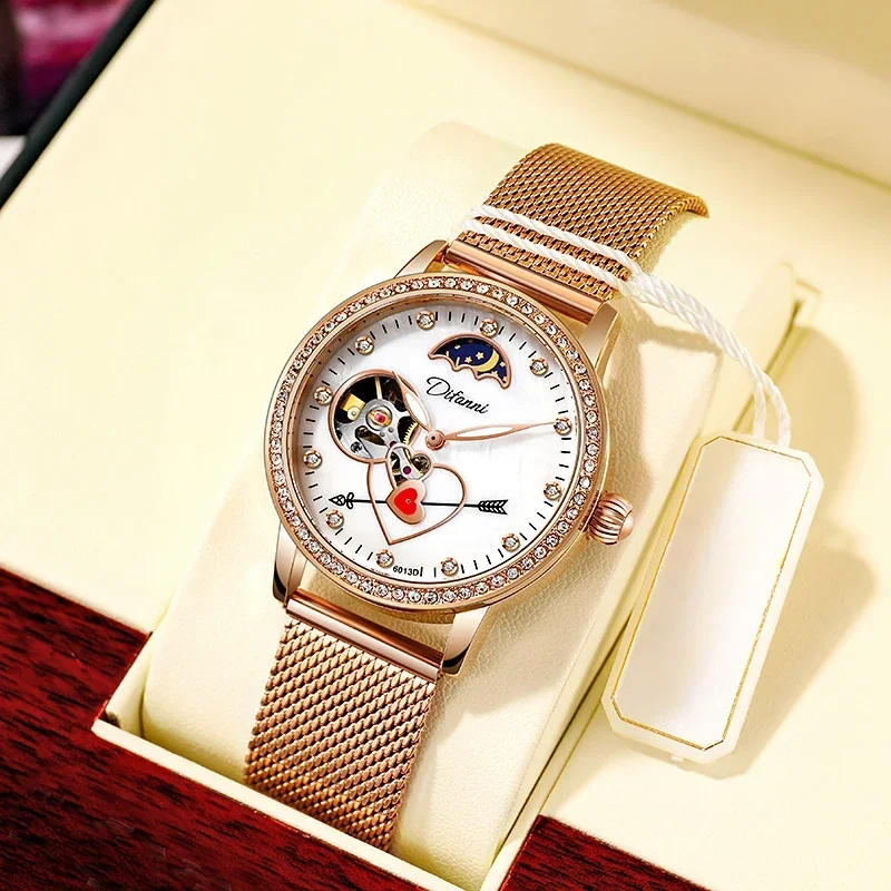 Women's Mechanical Watch with Diamond Tourbillon Moon Phase Waterproof Luminous Women's Watch Casual Automatic Sports Watch