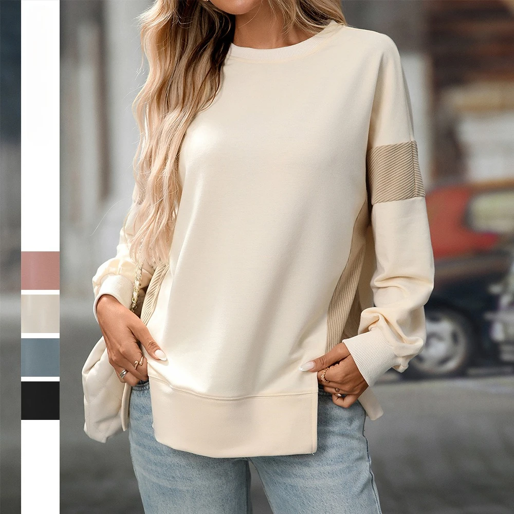 

Women Sweatshirts Coat Patchwork Hoodies Jacket Round Neck Long Sleeve Slight Strech Loose Casual Office Lady 2025 Autumn Winter