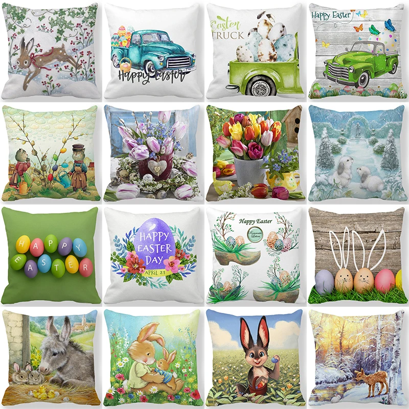 

Easter Decor Pillowcase Cartoon Egg Bunny Floral Print Cushion Cover Spring Festive