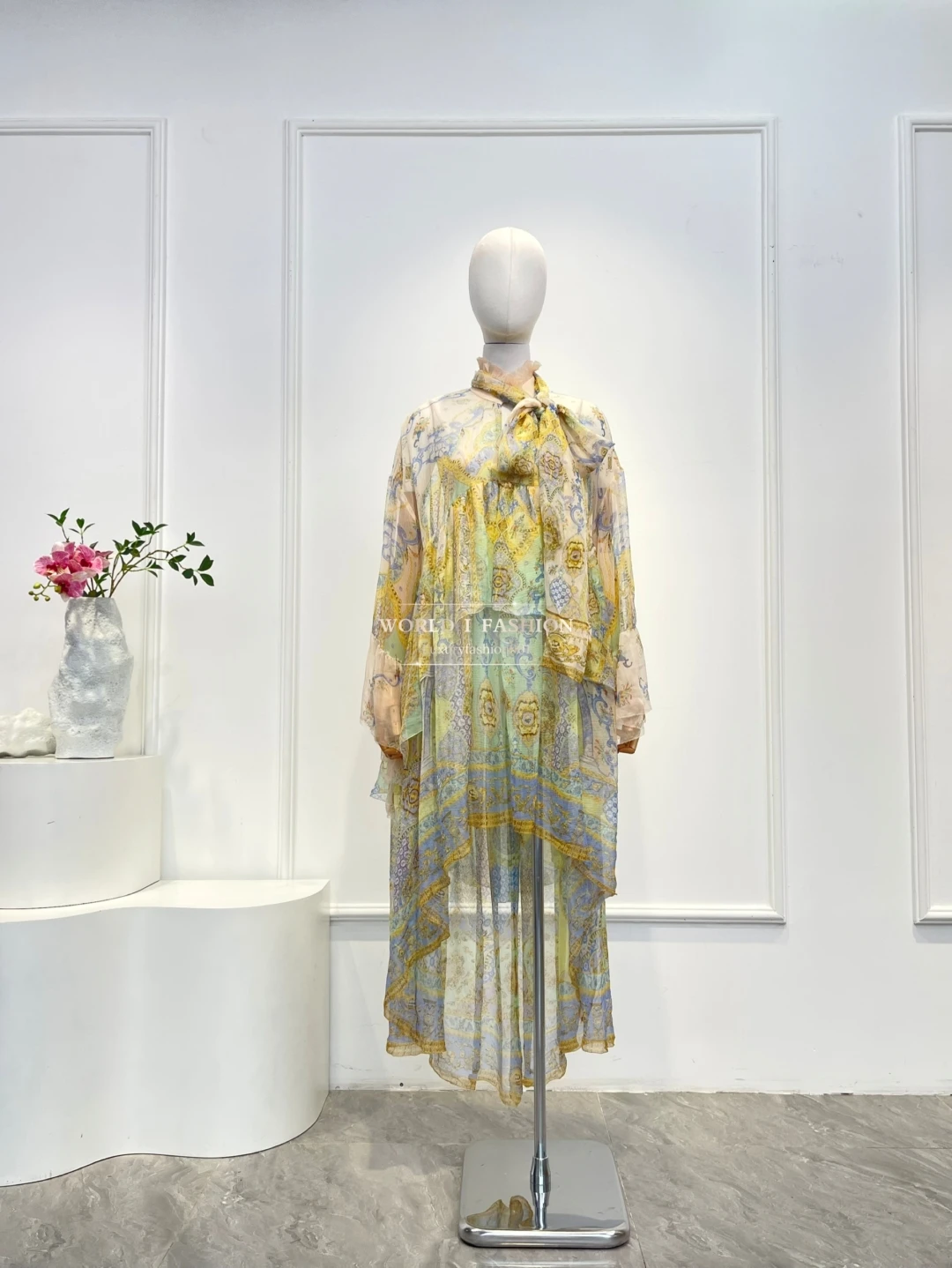 

Green Violet Floral Print Long Sleeve Ruffles Midi Dress