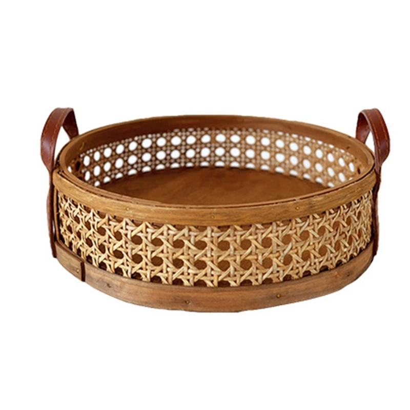 Rattan Woven Storage Basket Home Living Room Round Placing Tray for Fruit Bread Breathable Desktop Organizer -Brown