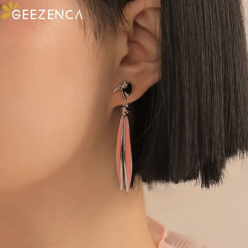 GEEZENCA 1 Piece Real 925 Silver Lovely Rabbit Long Pink Ear Stud Earrings Women Unique Dainty Statement Front And Back Earring