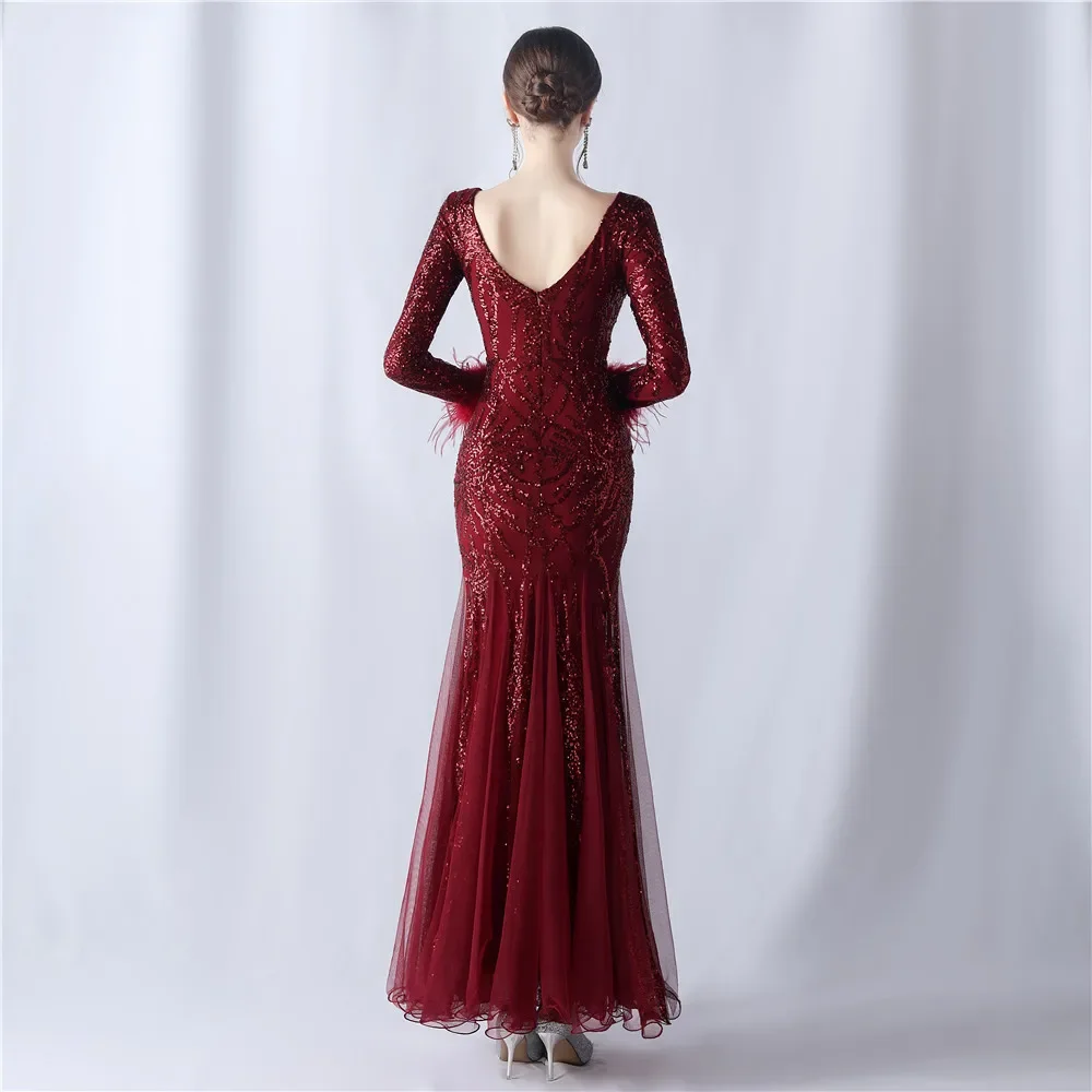 DEERVEADO 10 Colors Elegant Mermaid Deep V Neck Sequins Evening Dress for Woman Full Sleeves Formal Dress Party Maxi Dresses