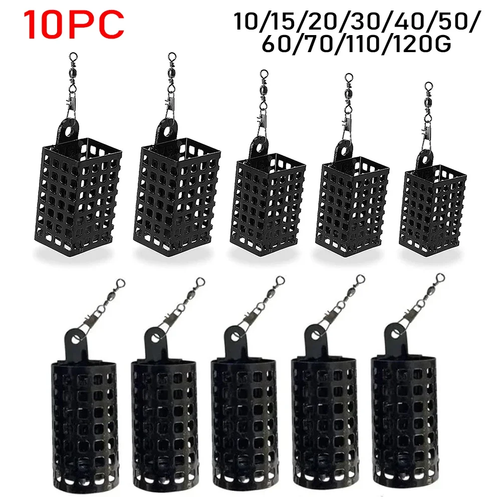 10PCS Fishing Tackle Feeder Cage Stainless Steel Lure Fishing Feeders Round Square Feeder Basket Cage Fishings Lure Cage