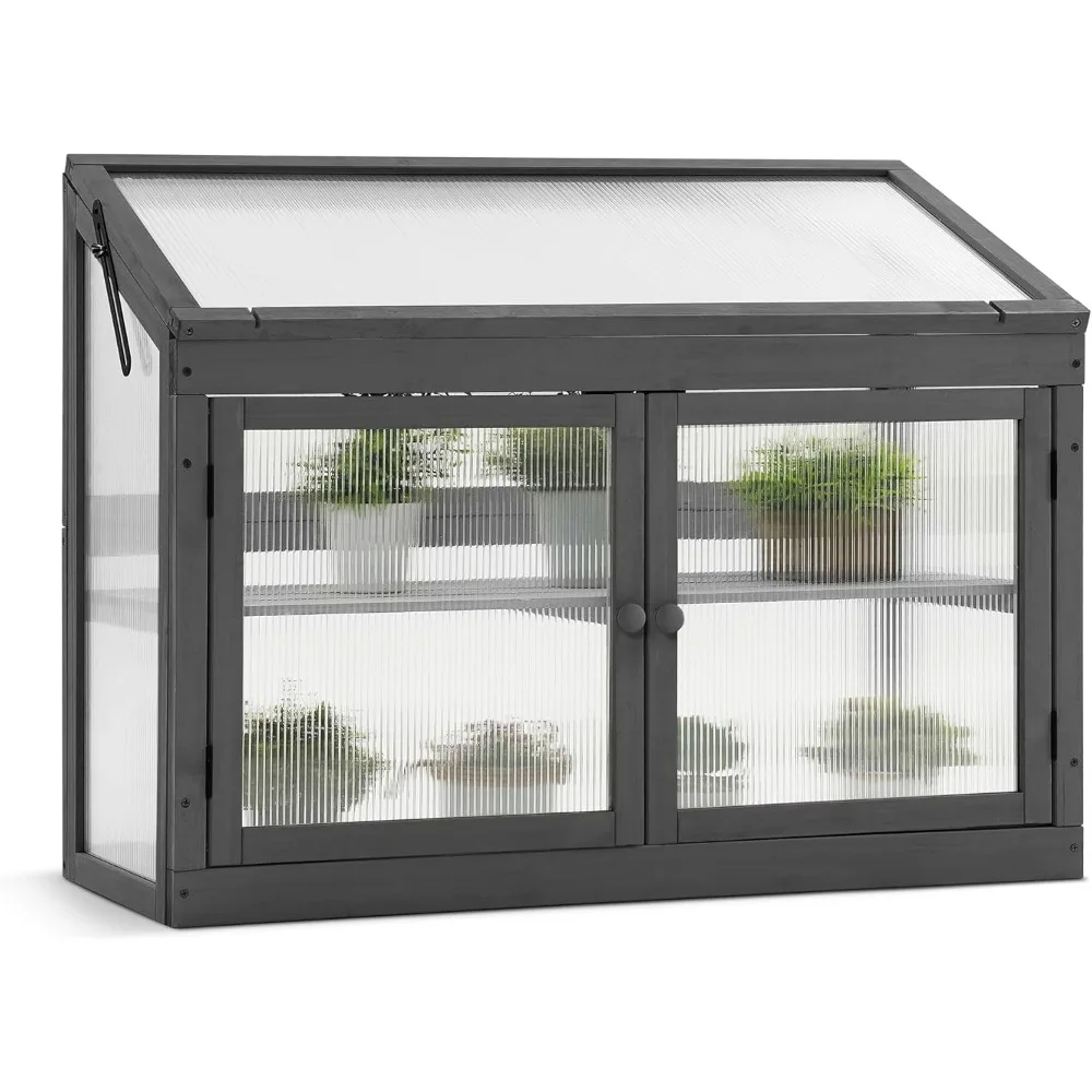 

Two-Level Wooden Cold Frame Greenhouse for Gardening with Raised Planter Shelf and Flower Bed Protection (Dark Grey)