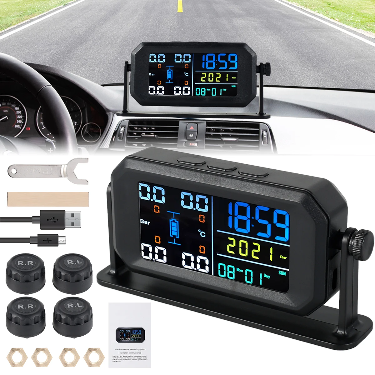 Tire Pressure Monitoring System Solar & USB Powered Tire Pressure Monitor IPX7 Waterproof Real-Time Tire Pressure Sensor