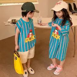 2024 Summer New Children Brother Sister Matching Clothes Boys Fashion Cartoon Print T-shirt Girls Casual Dress Sibling Outfits