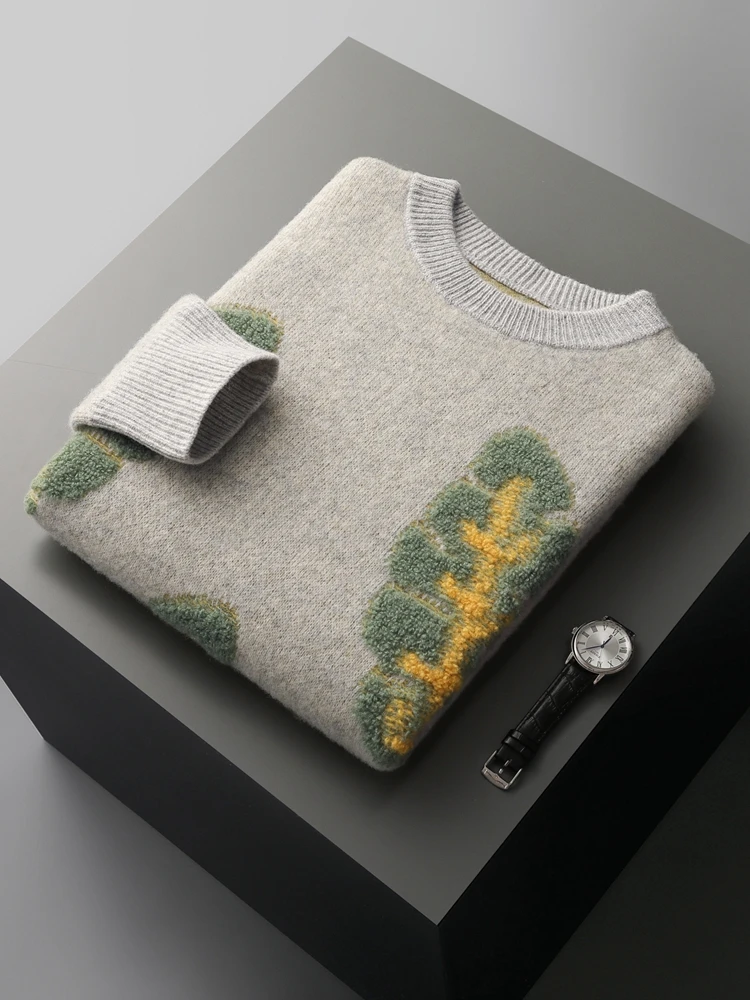 Men's 100% Merino Wool Knitwear O-neck Leaves Thick Jacquard Towel Embroider Wool Pullover Autumn Winter Knitting Comfy Sweater