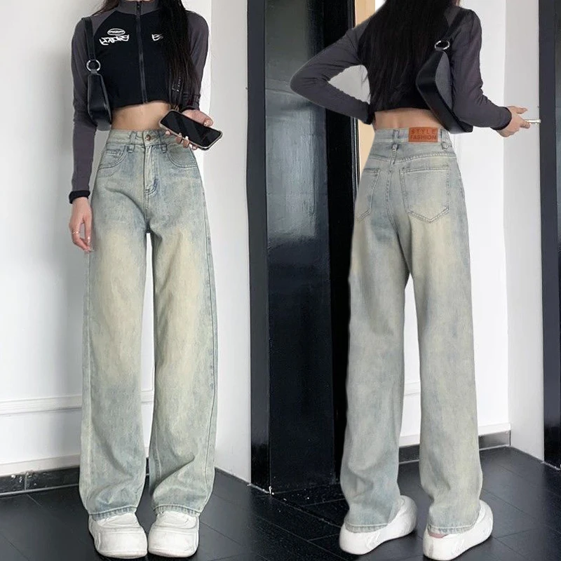 

Ранняя весна, прямые джинсовые джинсы, женские нишевые желтые грязевые цвета, американская уличная стираная узкая версия, высокая талия, широкая