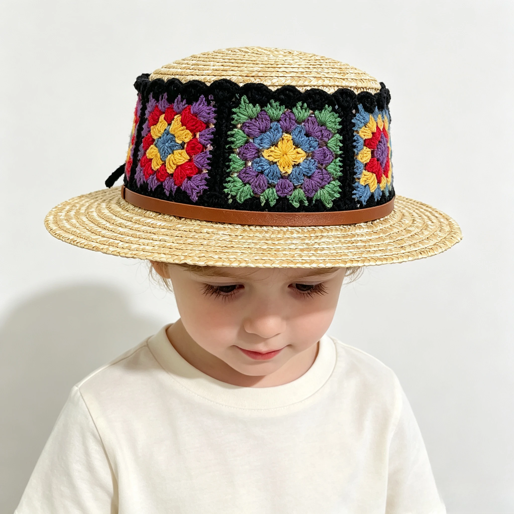 Kinder-Strohsonnenhut im Boho-INS-Stil aus Weizenstroh mit flachem Oberteil für Urlaub, Strand und Sonnenschutz im Sommer. – Detail 4