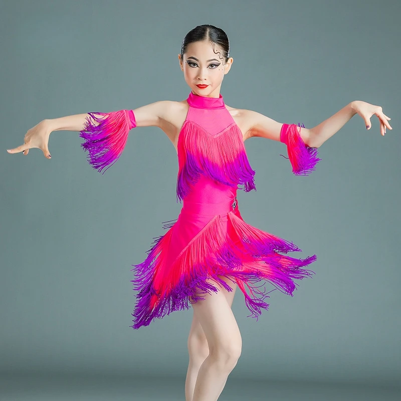 

Детское платье для латинских танцев для девочек, костюмы для латинских соревнований, платье для танцев без рукавов с постепенной бахромой, наряды для выступлений