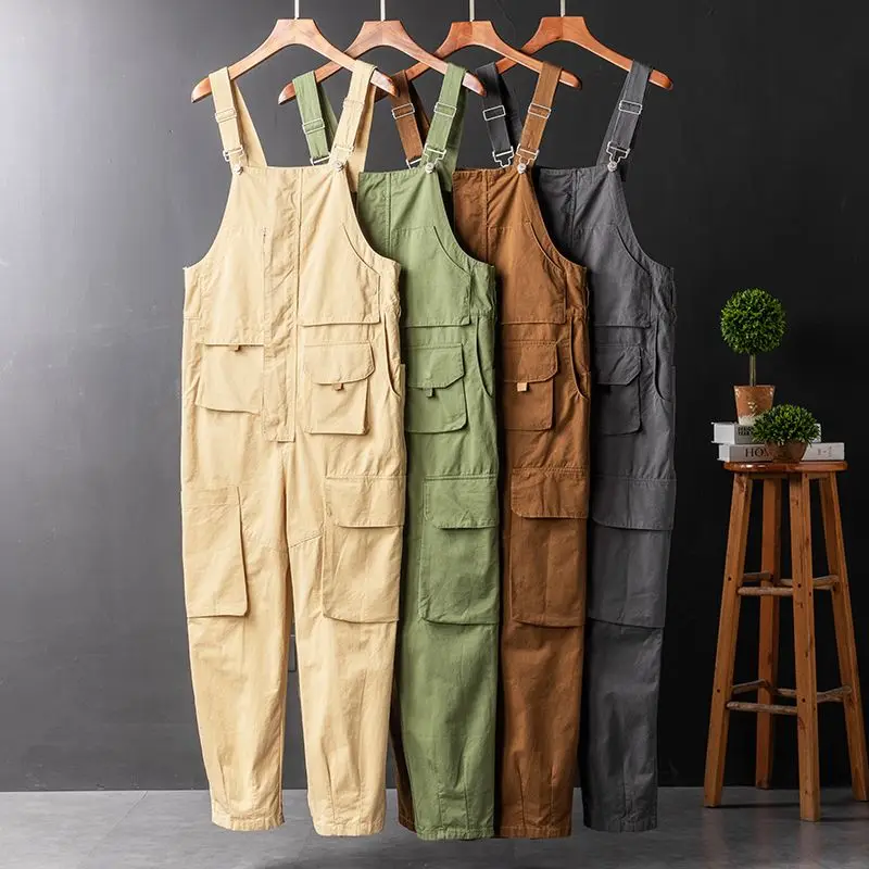 Straight Tube Multi Pockets Work Suit Hip-hop Jumpsuit Couple's Casual Style Suspender Cargo Pants Bib Coverall Trousers