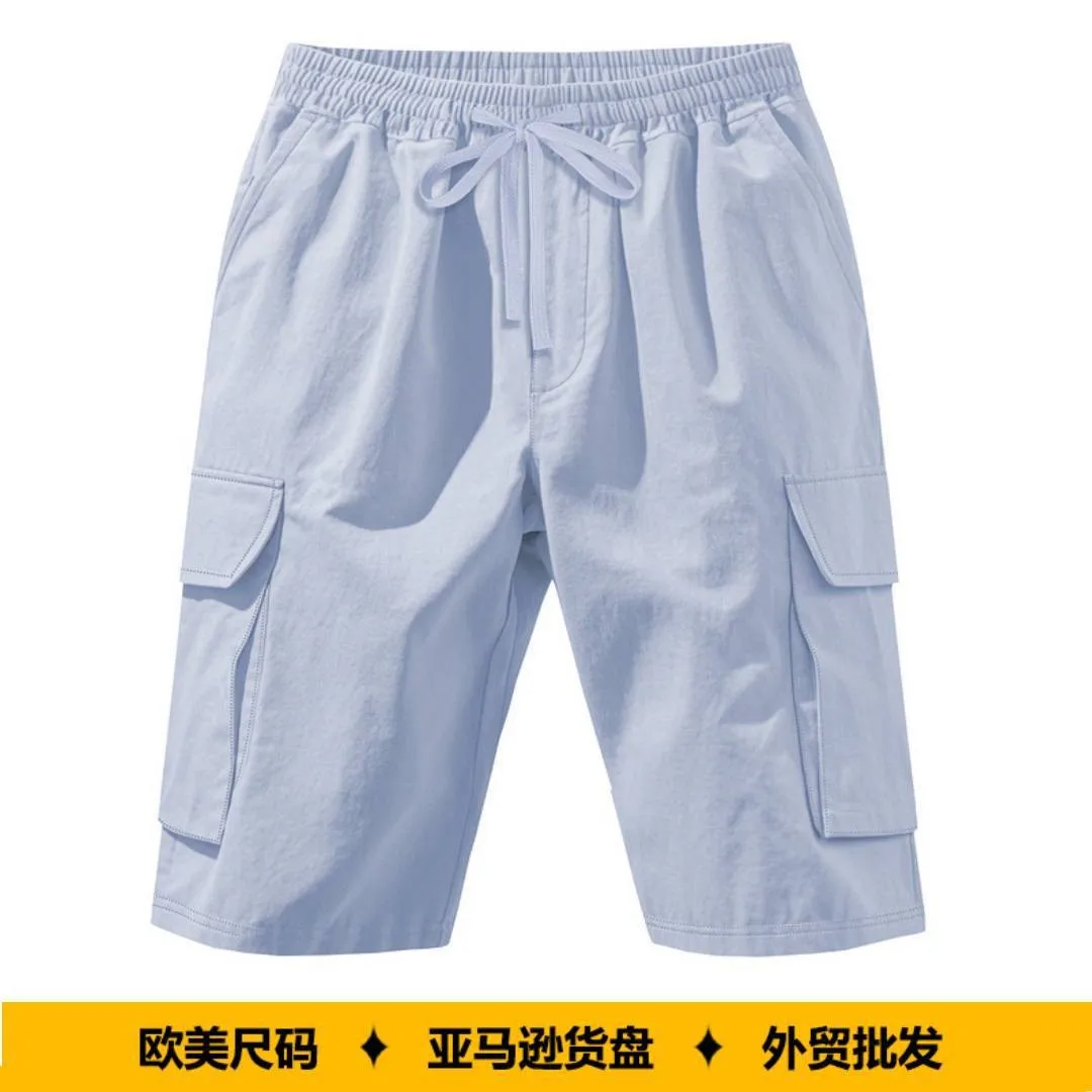 

Men Cargo Shorts Summer Elastic Waist Light Blue Shorts Straight Leg Multi Pocket Work Shorts Loose Fit Beige Utility Shorts