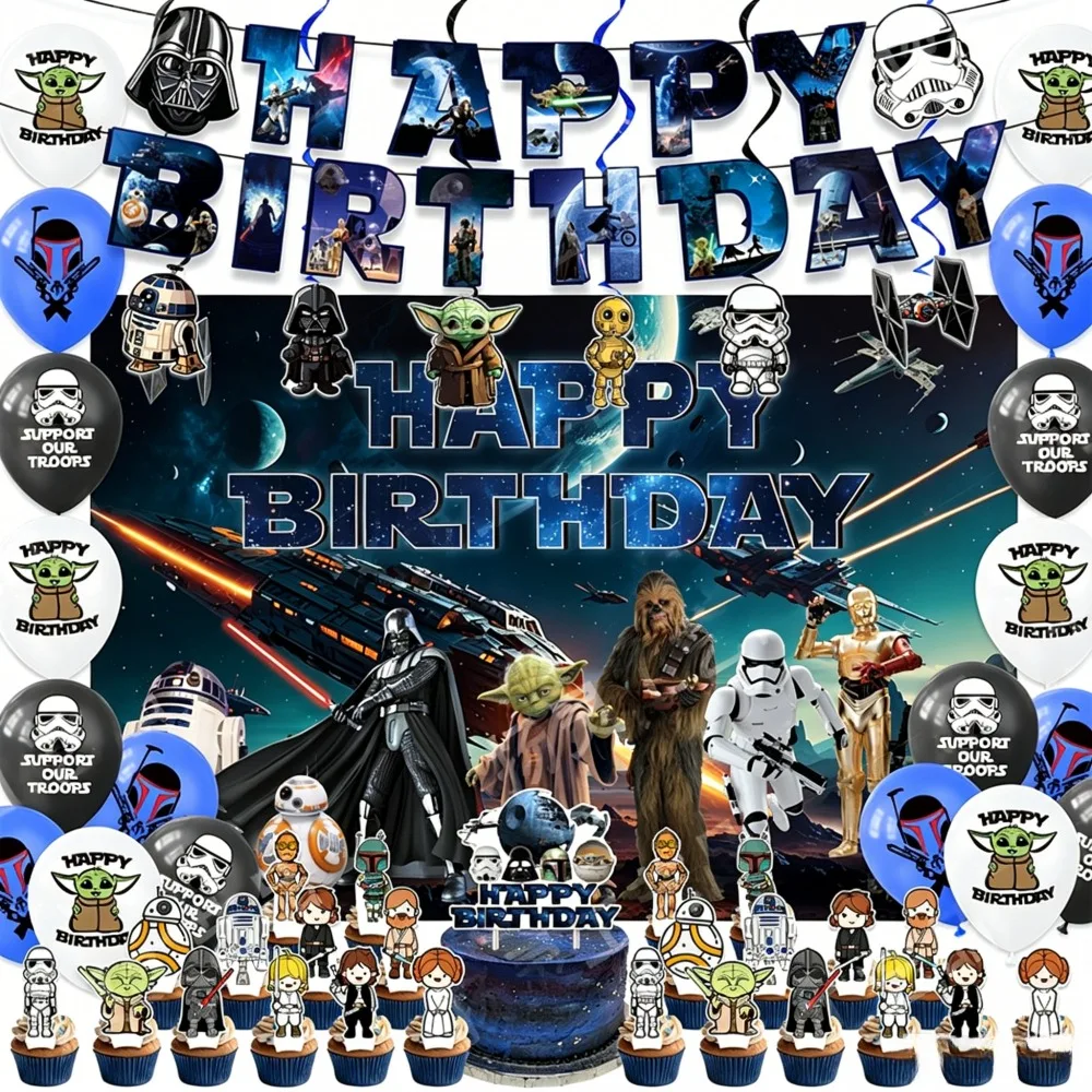 Decoraciones para fiestas de cumpleaños de Star Wars: pancarta, adornos para tartas, globos, adornos colgantes, set de artículos para celebraciones con temática galáctica.