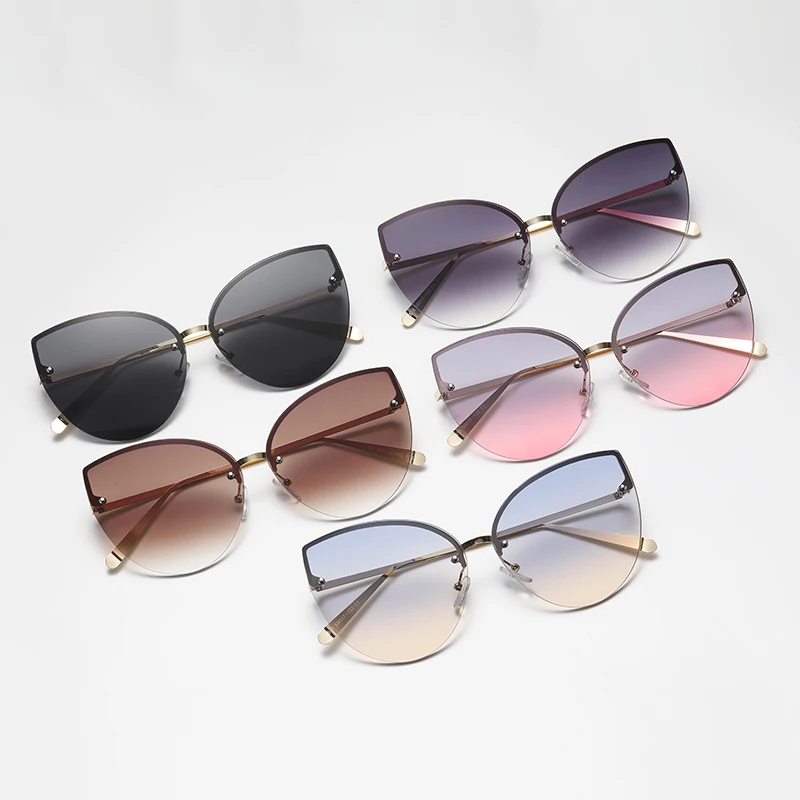 Vintage Gradient Cat Eye Rimless Sunglasses Metal Frames Cateye Shades UV400 Summer Traveling Sun Glasses For Women UV400