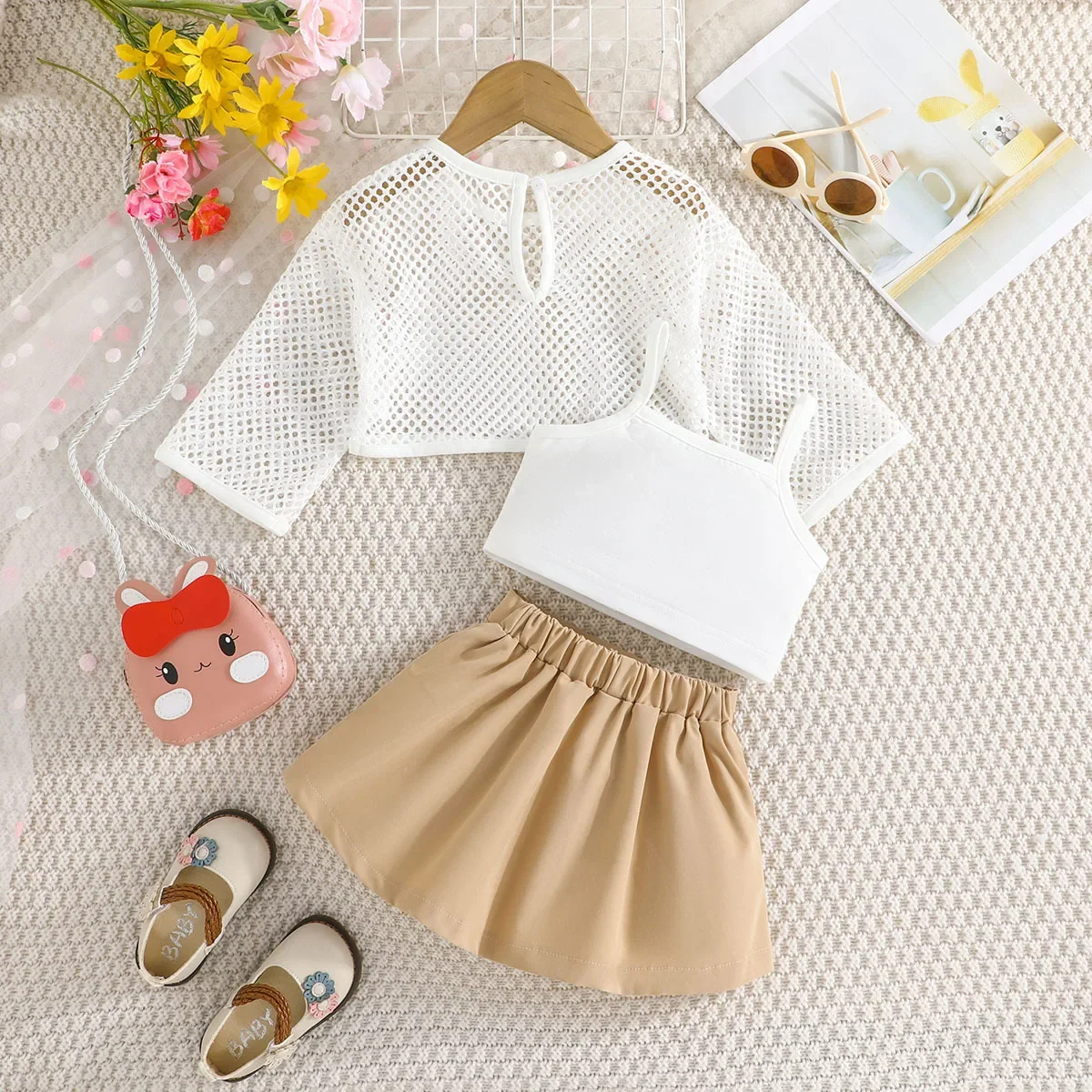 Summer New Girls Clothing Sets Long Sleeve Hollow Out T-shirt + Solid White Crop Tops + Pleated Skirt Children's Casual Clothes