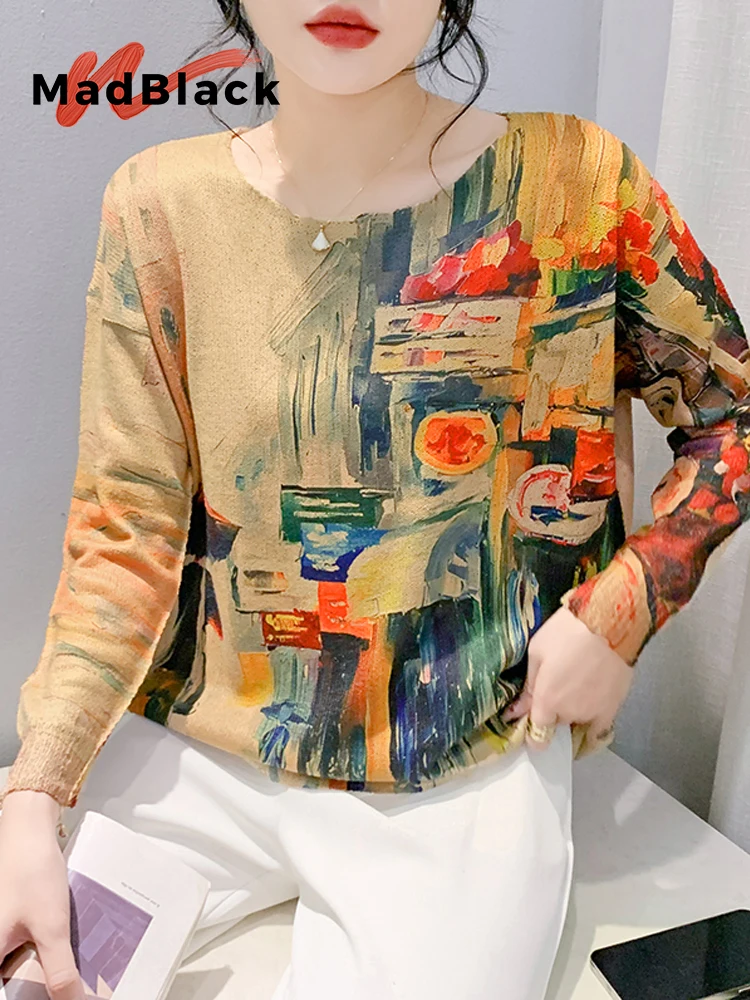

MadBlack-женская европейская одежда, свитера, сексуальный круглый вырез с принтом, уличная одежда, свободный трикотаж с длинными рукавами, новинка зимы 2025 года T5N966CC