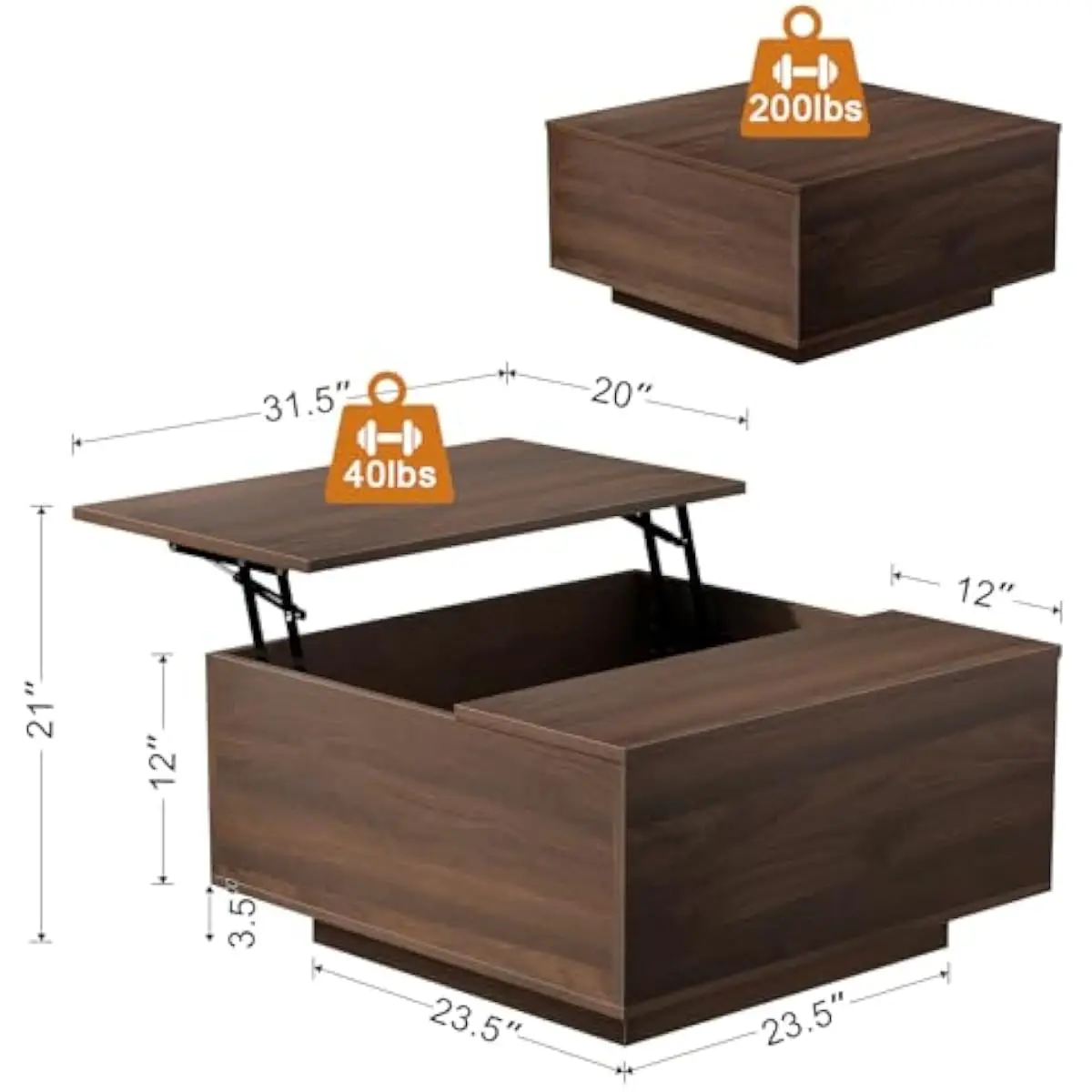 31.5 inch lift top walnut coffee table with concealed storage compartment and smooth dual-height adjustment from 15 to 20.5 inch