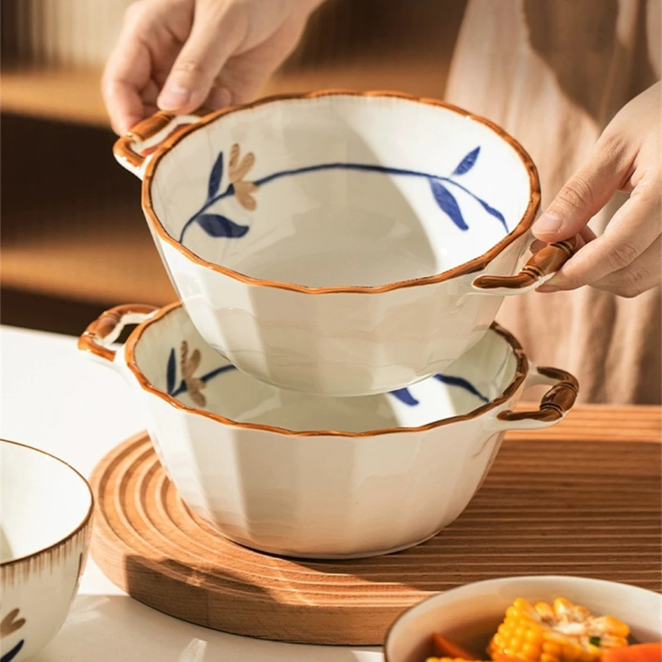 Double Ear 1300ml Soup Bowl Household Underglaze Color Dinner Bowls Tableware for Lamian Noodles   Pasta Salad Microwave