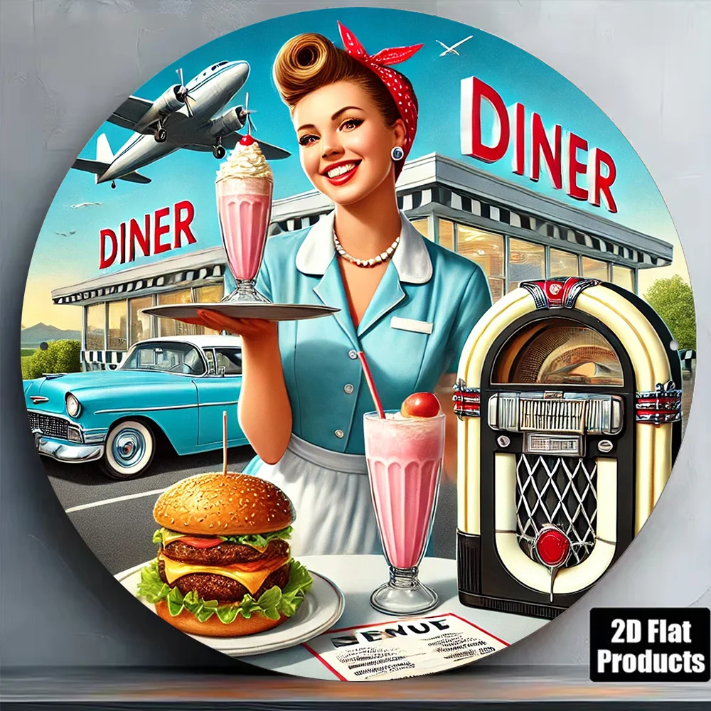 2D Metal Sign 8x8in Round Aluminum Vintage American Diner Wall Art Retro Car Milkshake Decor for Bar Cafe Restaurant Gift