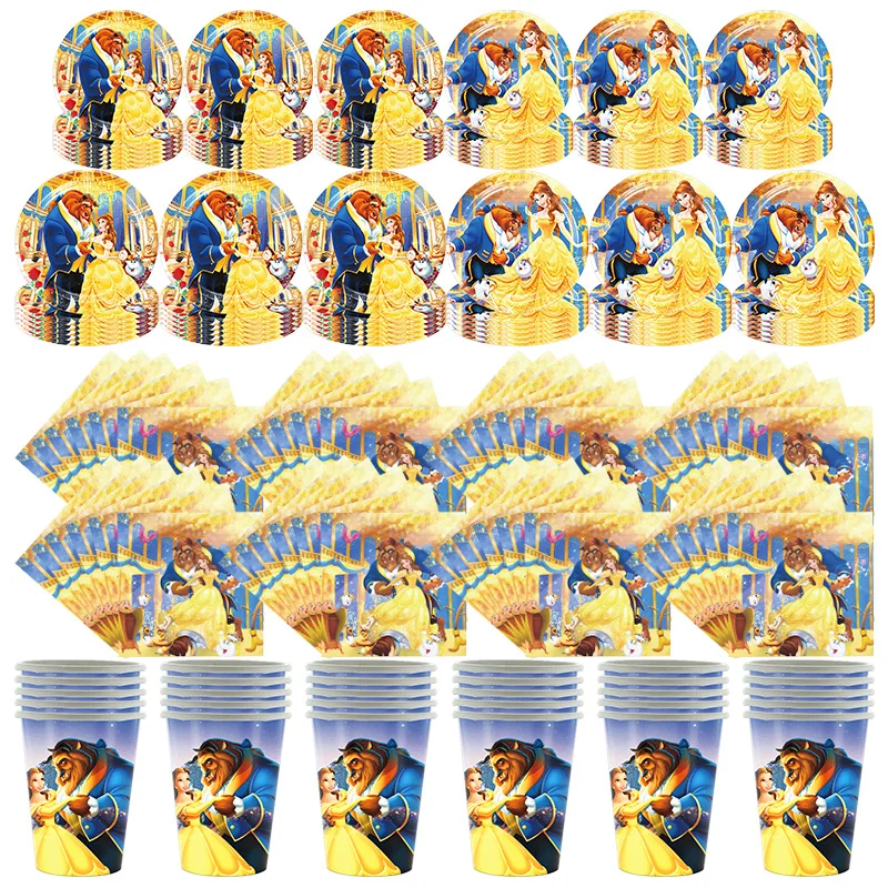Décoration de fête d'anniversaire la Belle et la bête, princesse Belle, gobelets, assiettes, nappe, ballons, arrière-plan, fournitures de fête pour enfants