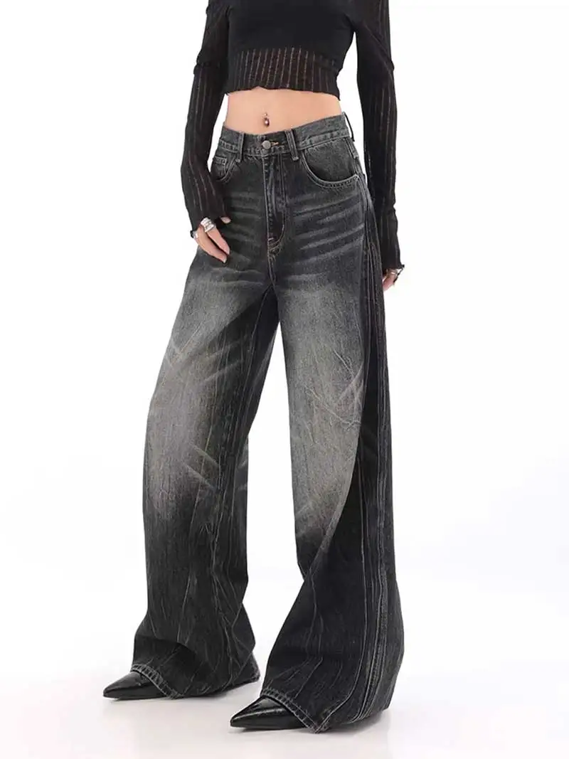 REDDACHiC Brushed Black Women Baggy Jeans Vintage Wash Distressed High Waist Straight Wide Pants Y2k Loose Casual 90s Streetwear