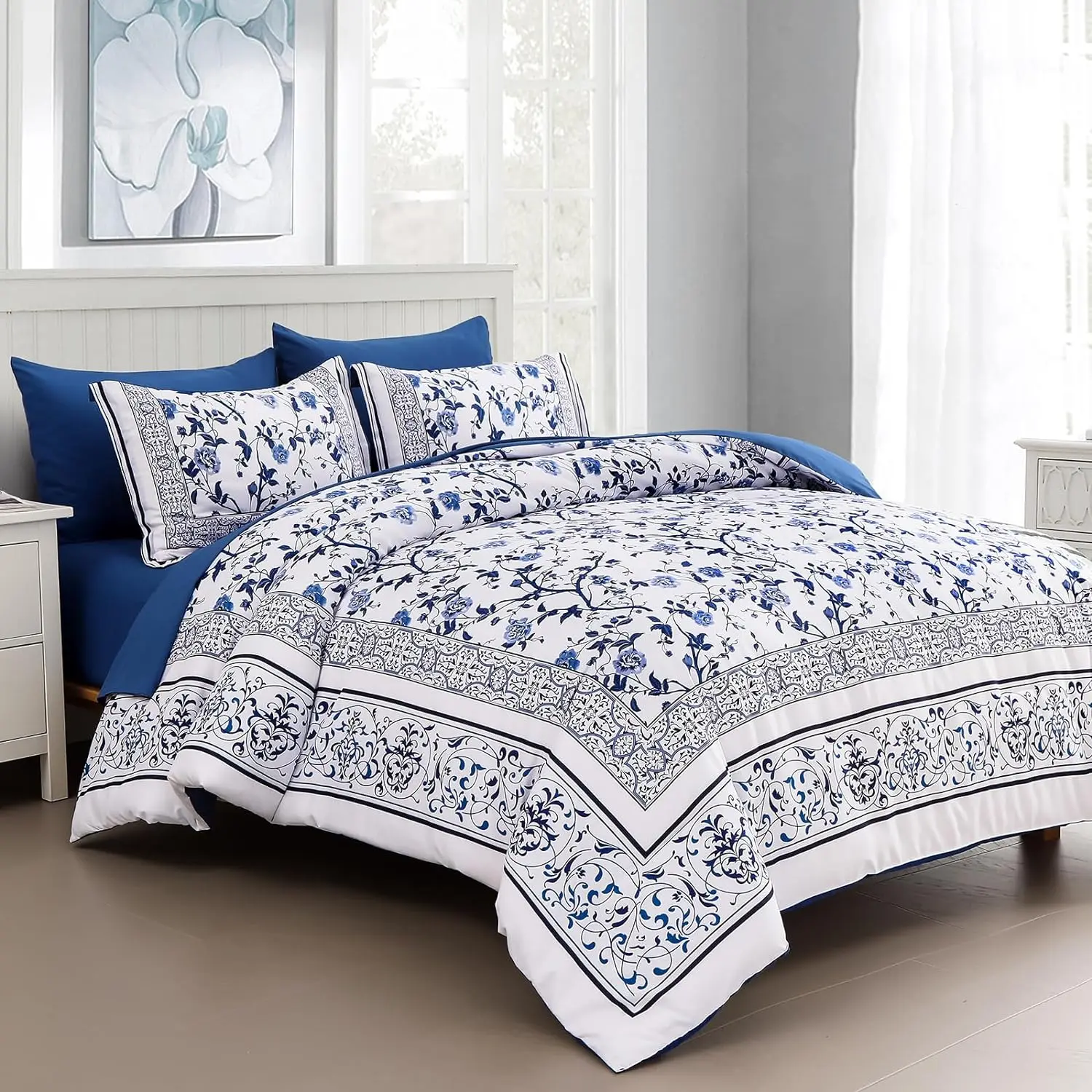 

Floral Comforter Full Size, 7 Piece Bed in a Bag Full Blue Flowers on White Botanical Bedding Set, Soft Microfiber Bedding Comfo