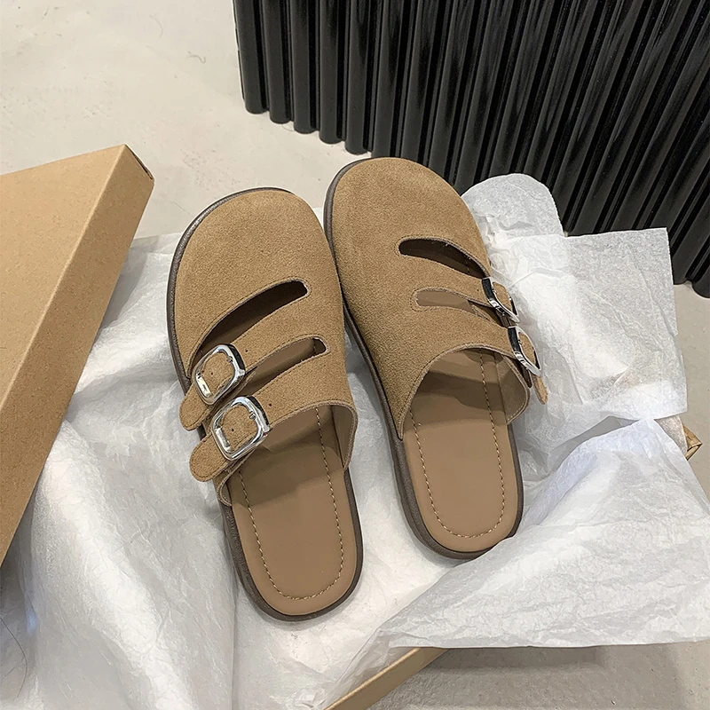 Zapatos de ante para mujer, zapatillas de plataforma plana, zuecos Boston, Sandalias de playa a la moda para exteriores, 2024