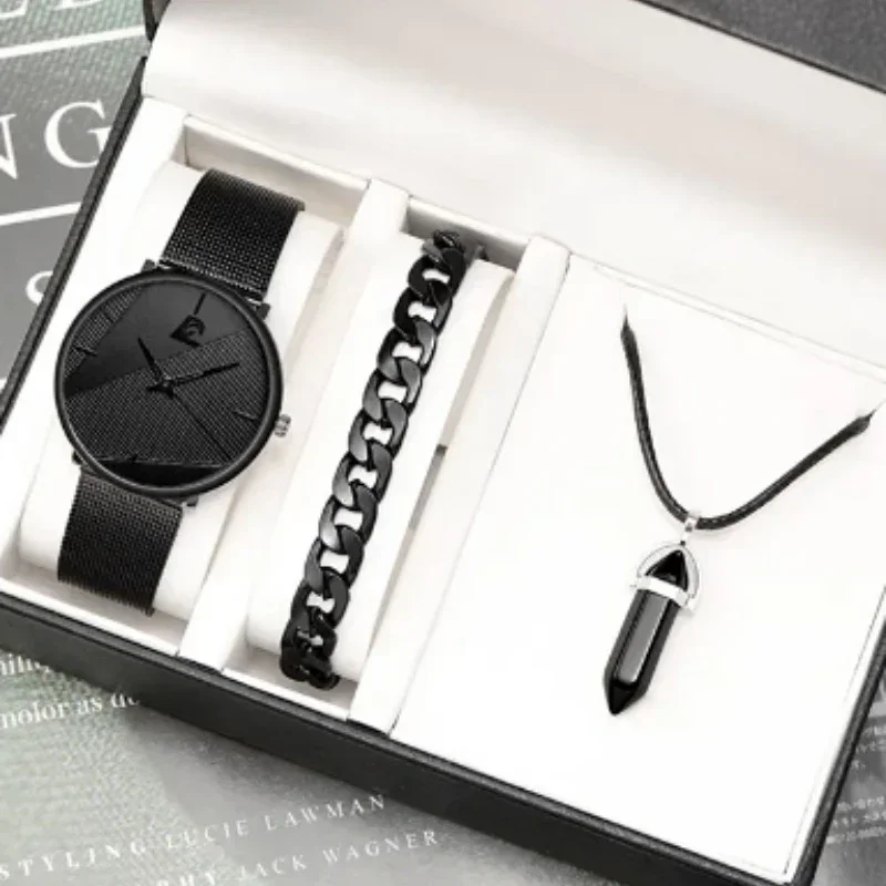 3PCS Set Minimalism Fashion Mens Watches Simple Men Business Mesh Belt Quartz Watch Male Casual Necklace Bracelet Wristwatch